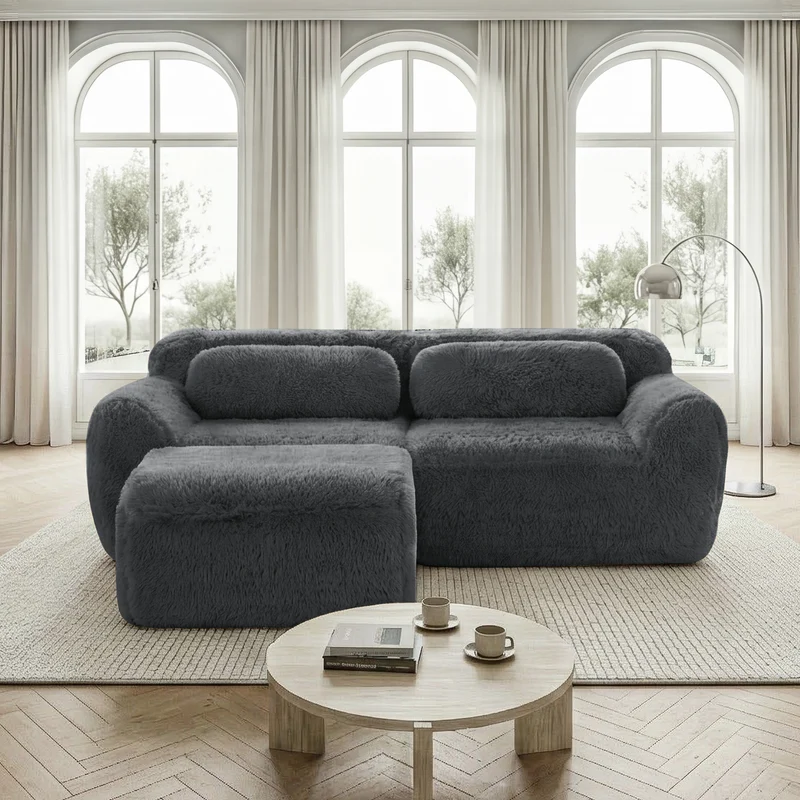 Canapé d'angle 2 places modulable en tissu peluche gris, avec coussins, sans montage FLAREMOME