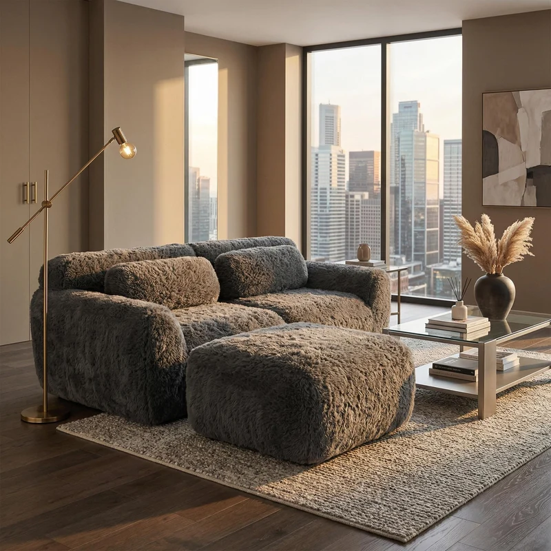 Canapé d'angle 2 places modulable en tissu peluche gris, avec coussins, sans montage FLAREMOME