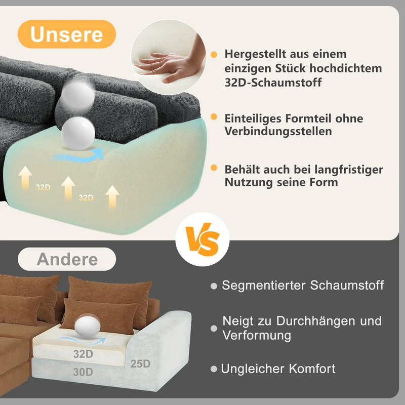 Canapé d'angle 2 places modulable en tissu peluche gris, avec coussins, sans montage FLAREMOME