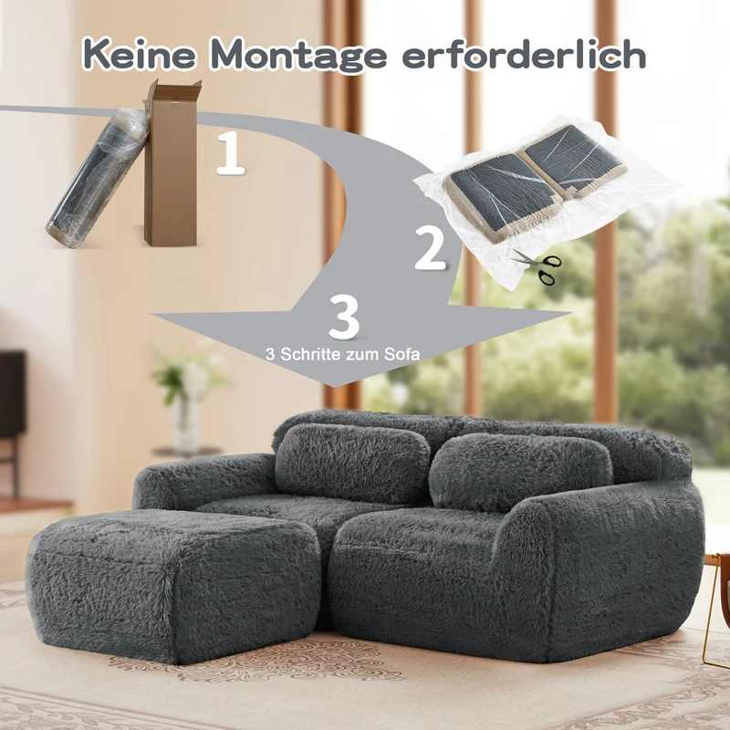 Canapé d'angle 2 places modulable en tissu peluche gris, avec coussins, sans montage FLAREMOME