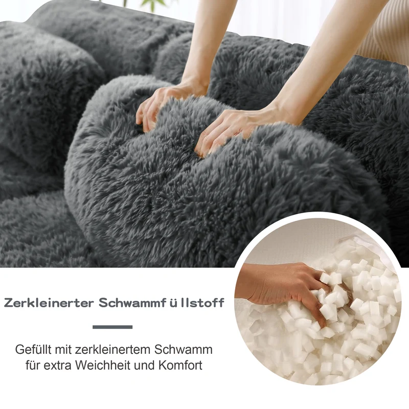 Canapé d'angle 2 places modulable en tissu peluche gris, avec coussins, sans montage FLAREMOME