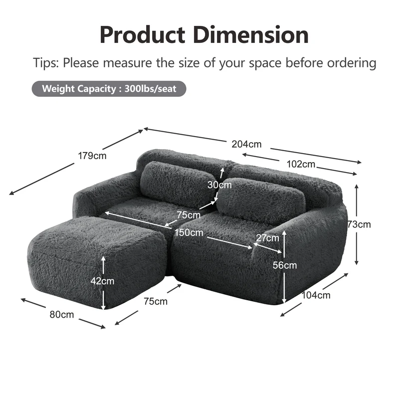 Canapé d'angle 2 places modulable en tissu peluche gris, avec coussins, sans montage FLAREMOME