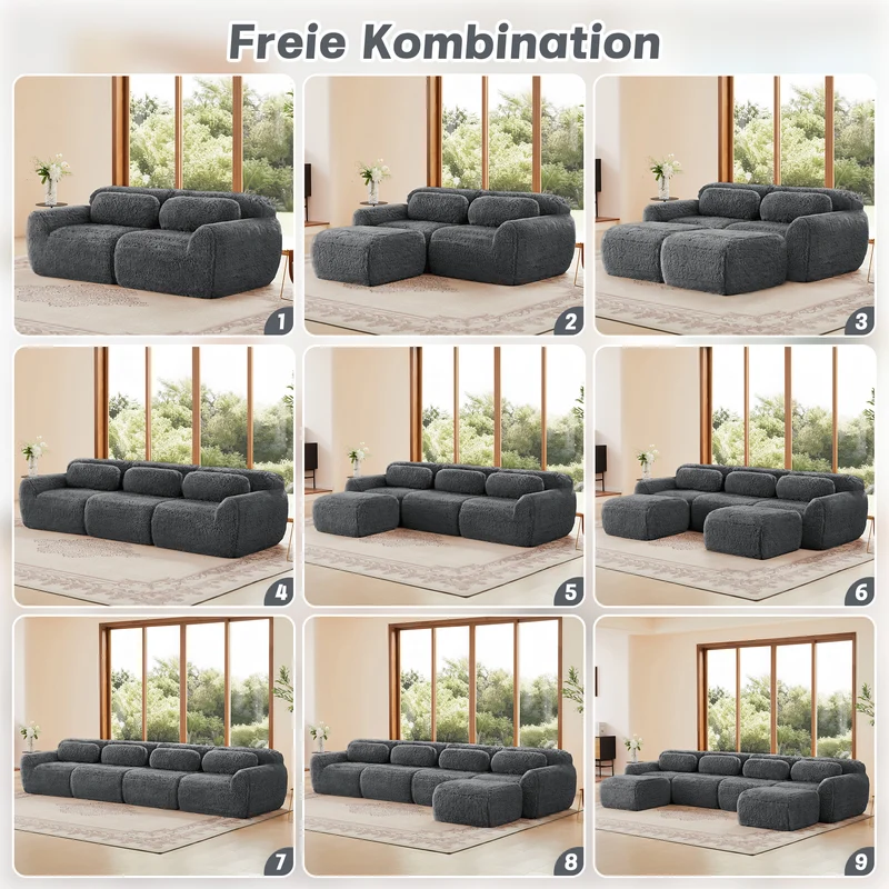 Canapé d'angle 2 places modulable en tissu peluche gris, avec coussins, sans montage FLAREMOME