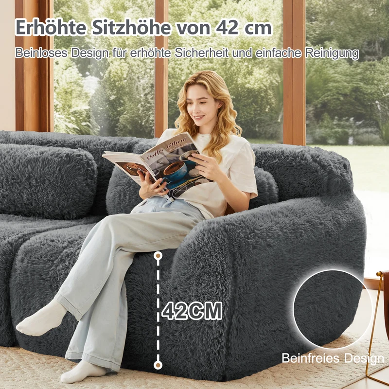 Canapé d'angle 2 places modulable en tissu peluche gris, avec coussins, sans montage FLAREMOME
