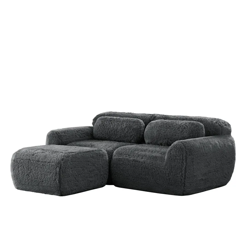 Canapé d'angle 2 places modulable en tissu peluche gris, avec coussins, sans montage FLAREMOME