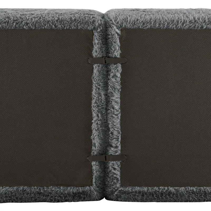 Canapé d'angle 2 places modulable en tissu peluche gris, avec coussins, sans montage FLAREMOME