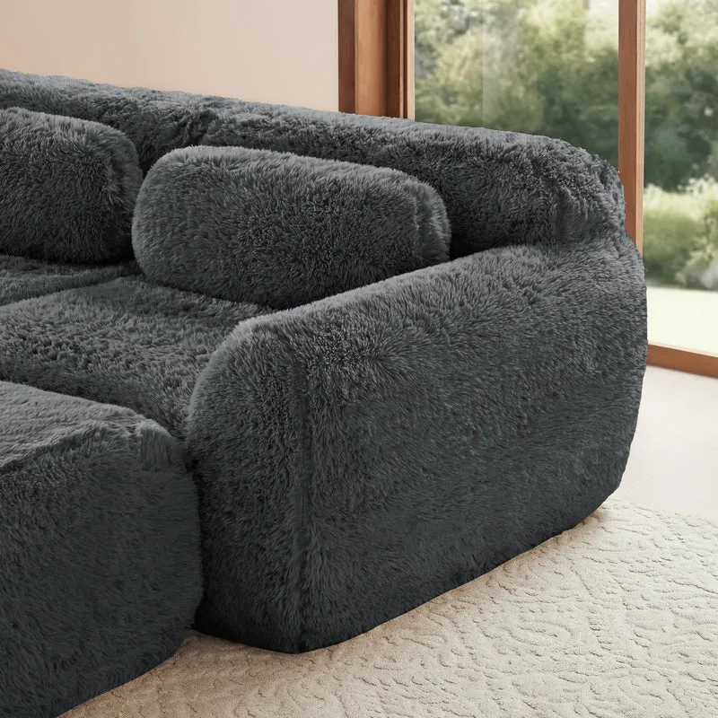 Canapé d'angle 2 places modulable en tissu peluche gris, avec coussins, sans montage FLAREMOME