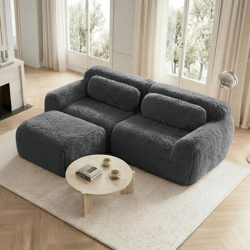 Canapé d'angle 2 places modulable en tissu peluche gris, avec coussins, sans montage FLAREMOME
