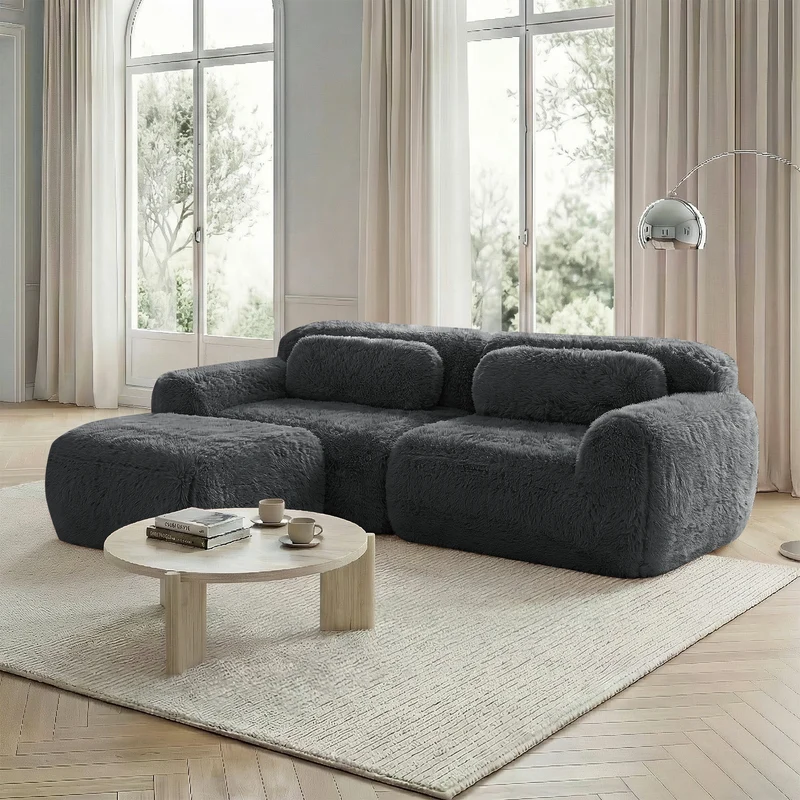 Canapé d'angle 2 places modulable en tissu peluche gris, avec coussins, sans montage FLAREMOME