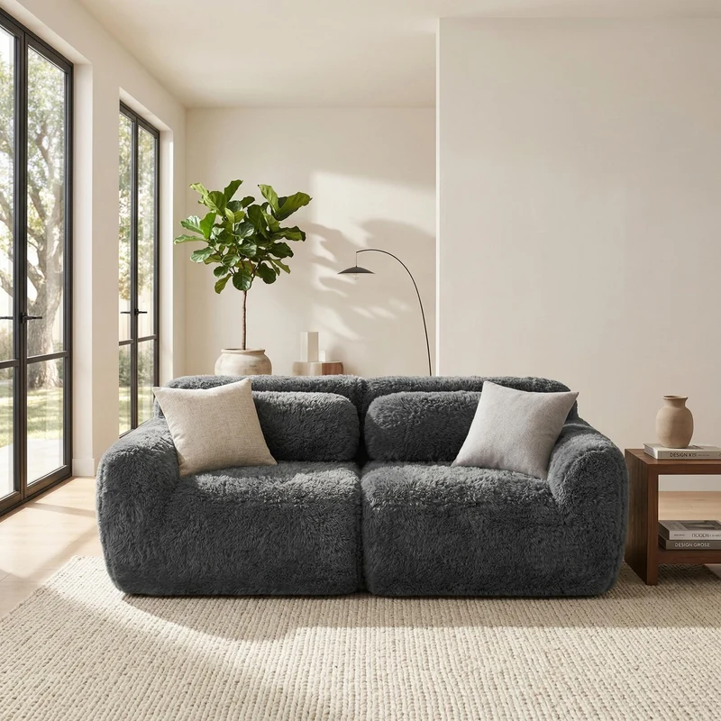 Canapé 2 places modulable en tissu peluche gris, avec coussins, sans montage RIFTINFINITE