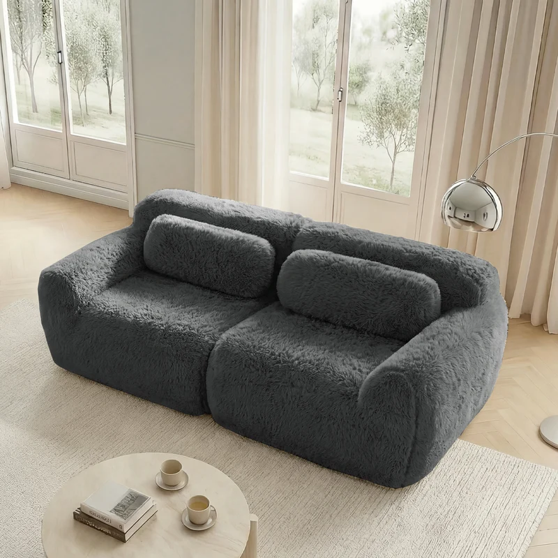 Canapé 2 places modulable en tissu peluche gris, avec coussins, sans montage RIFTINFINITE