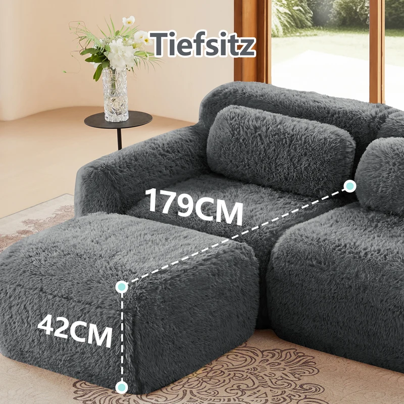 Canapé 2 places modulable en tissu peluche gris, avec coussins, sans montage RIFTINFINITE