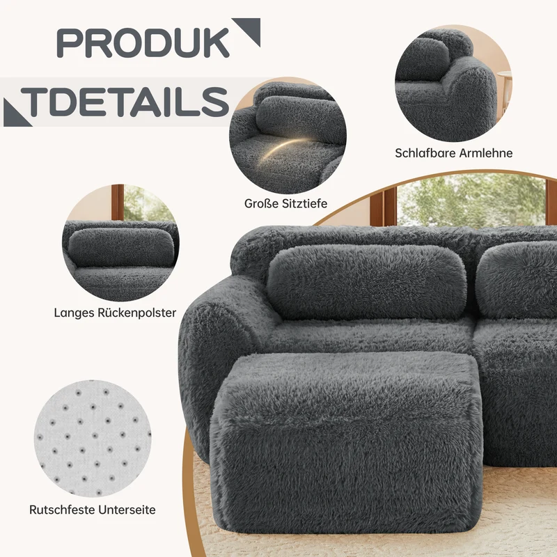 Canapé 2 places modulable en tissu peluche gris, avec coussins, sans montage RIFTINFINITE