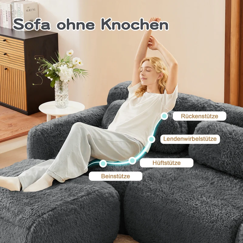 Canapé 2 places modulable en tissu peluche gris, avec coussins, sans montage RIFTINFINITE