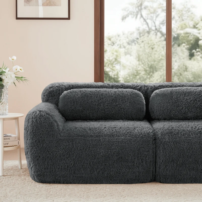 Canapé 2 places modulable en tissu peluche gris, avec coussins, sans montage RIFTINFINITE