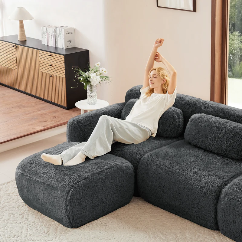 Canapé 2 places modulable en tissu peluche gris, avec coussins, sans montage RIFTINFINITE