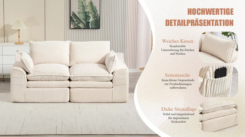 Canapé 2 places en velours côtelé beige, poches latérales et coussins inclus FLAREIAA