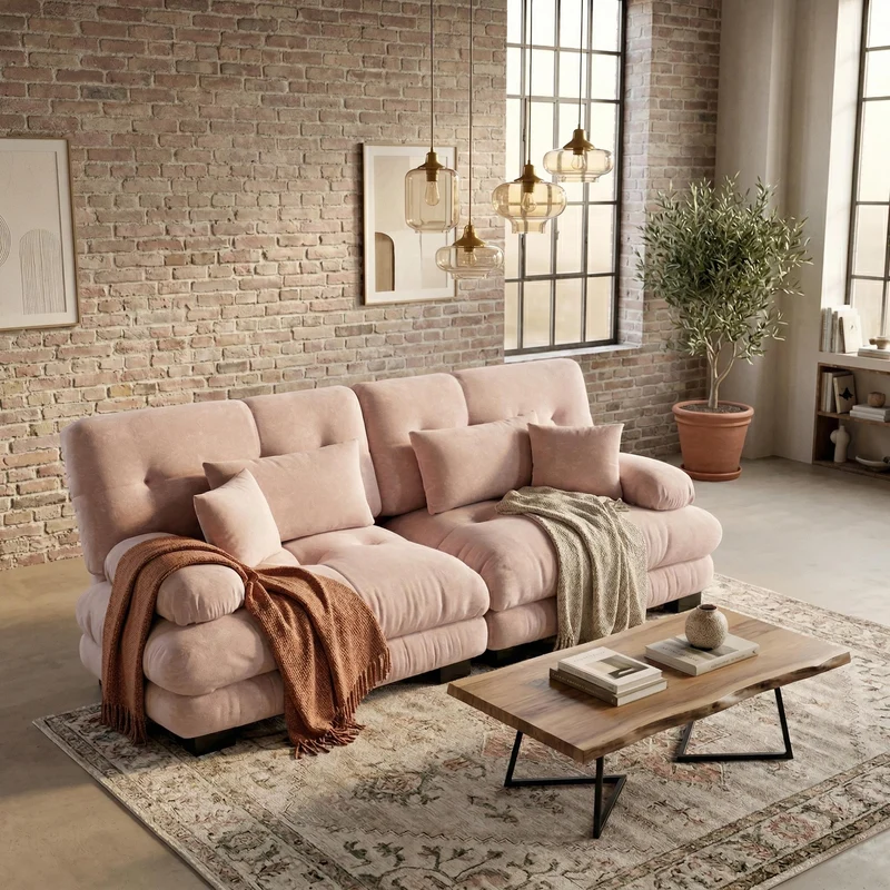 Canapé 2 places en chenille rose avec coussins FLAREISTY