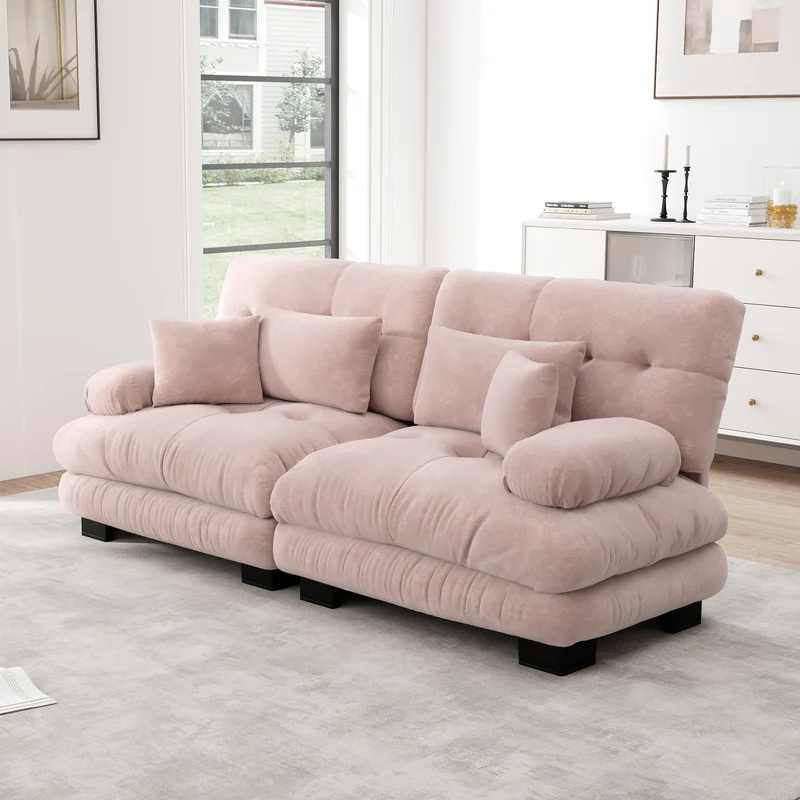Canapé 2 places en chenille rose avec coussins FLAREISTY