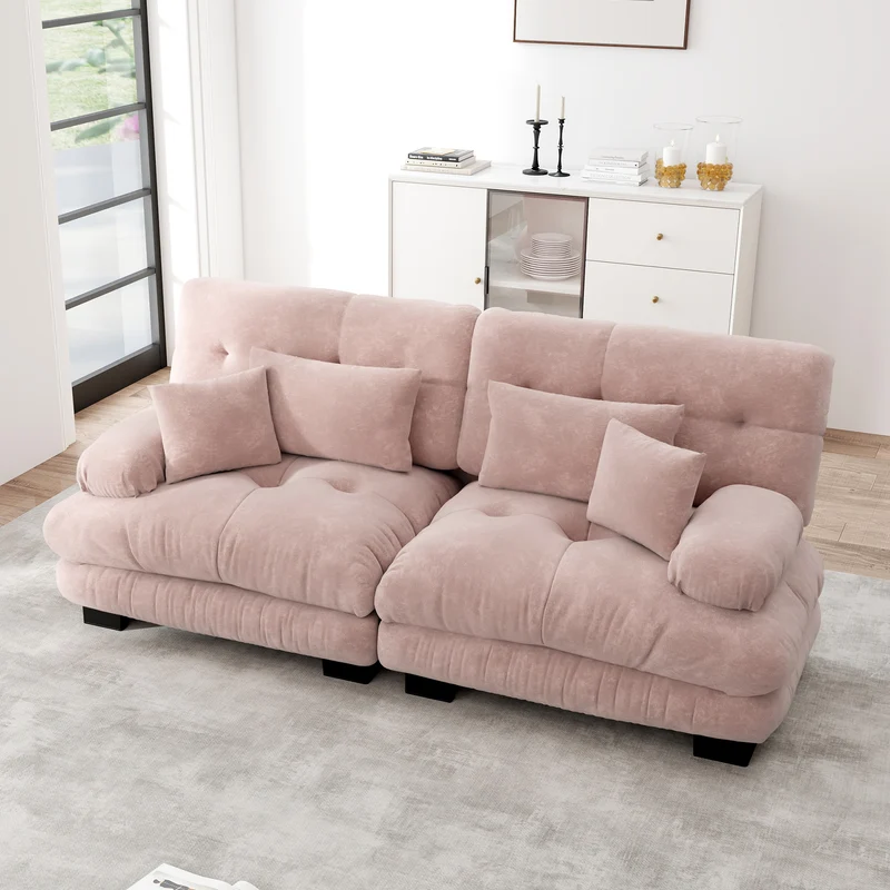 Canapé 2 places en chenille rose avec coussins FLAREISTY