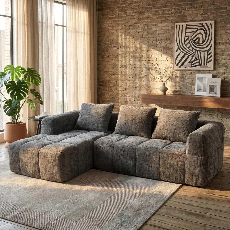 Canapé d'angle 3 places modulable en chenille gris avec méridienne et poches latérales sans montage INFINITEMOMEN