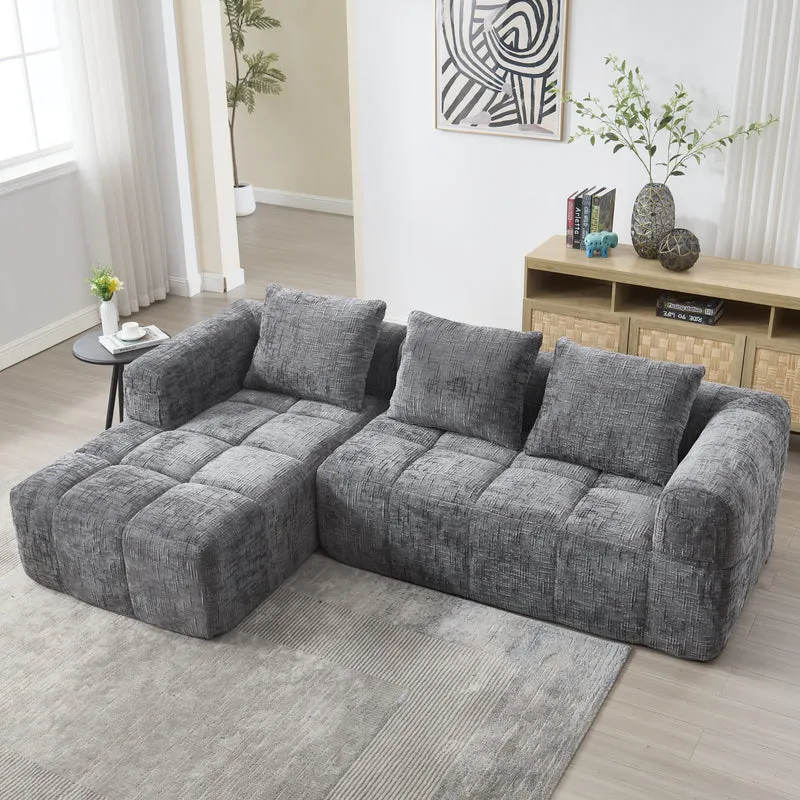 Canapé d'angle 3 places modulable en chenille gris avec méridienne et poches latérales sans montage INFINITEMOMEN