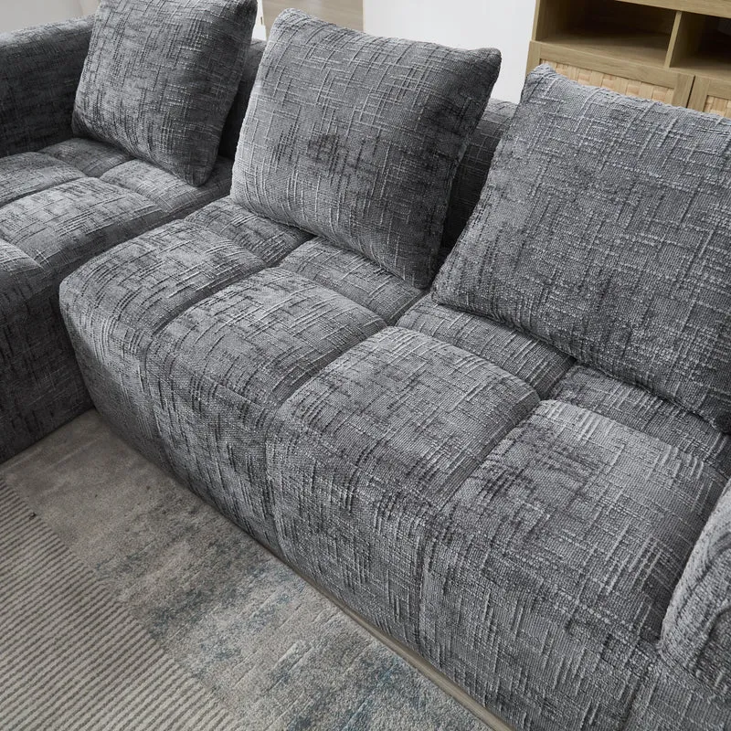 Canapé d'angle 3 places modulable en chenille gris avec méridienne et poches latérales sans montage INFINITEMOMEN