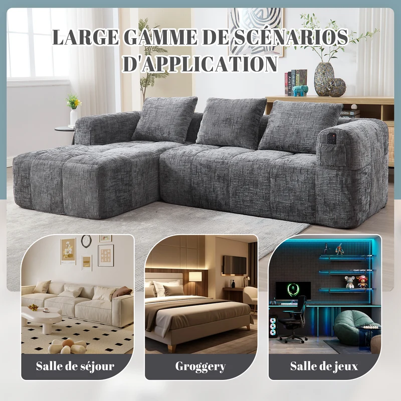 Canapé d'angle 3 places modulable en chenille gris avec méridienne et poches latérales sans montage INFINITEMOMEN