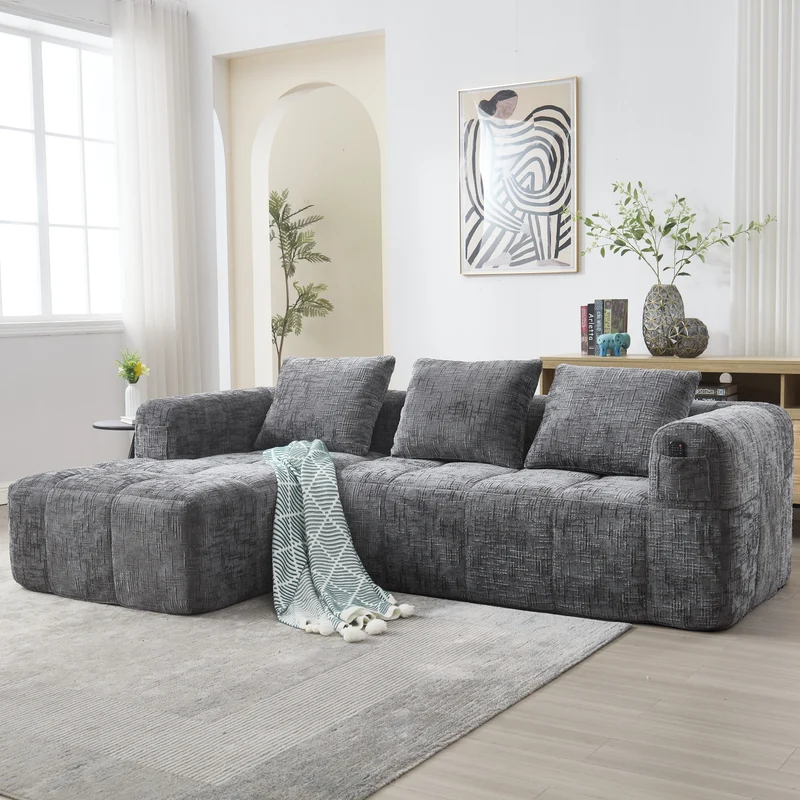 Canapé d'angle 3 places modulable en chenille gris avec méridienne et poches latérales sans montage INFINITEMOMEN