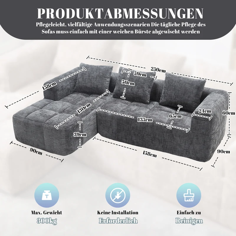 Canapé d'angle 3 places modulable en chenille gris avec méridienne et poches latérales sans montage INFINITEMOMEN
