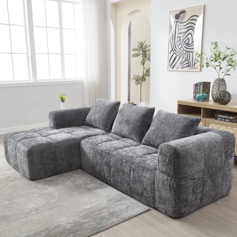 Canapé d'angle 3 places modulable en chenille gris avec méridienne et poches latérales sans montage INFINITEMOMEN