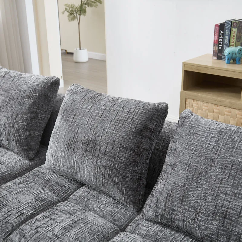Canapé d'angle 3 places modulable en chenille gris avec méridienne et poches latérales sans montage INFINITEMOMEN
