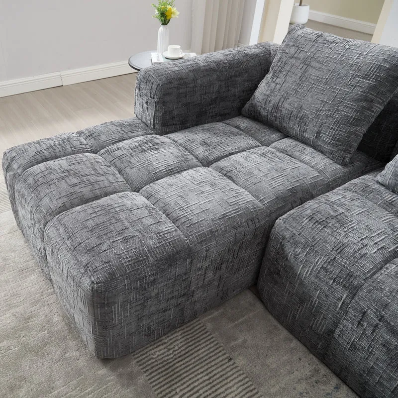 Canapé d'angle 3 places modulable en chenille gris avec méridienne et poches latérales sans montage INFINITEMOMEN