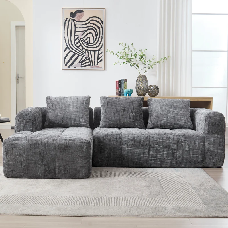 Canapé d'angle 3 places modulable en chenille gris avec méridienne et poches latérales sans montage INFINITEMOMEN