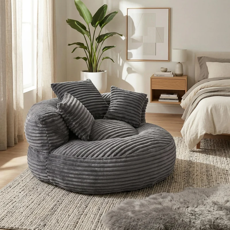 Grand fauteuil rond en velours côtelé gris chaise lounge avec trois coussins FLAREINFIN