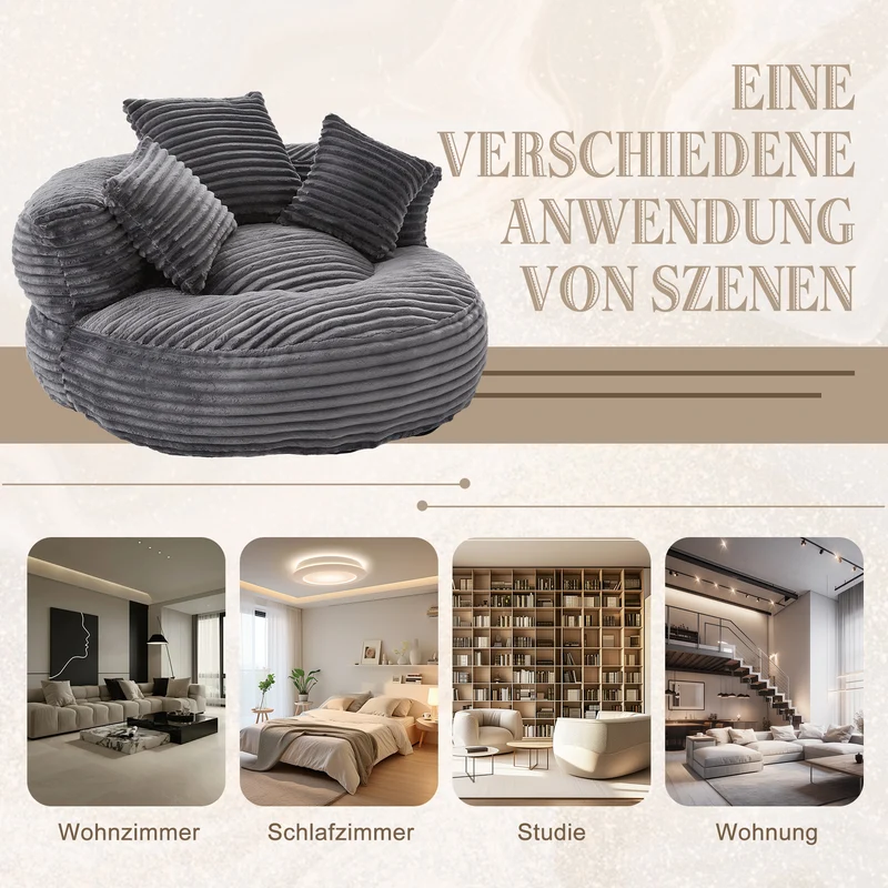 Grand fauteuil rond en velours côtelé gris chaise lounge avec trois coussins FLAREINFIN