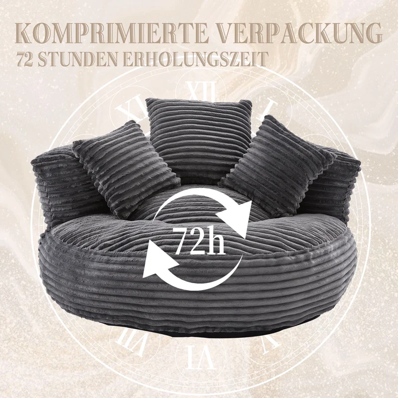 Grand fauteuil rond en velours côtelé gris chaise lounge avec trois coussins FLAREINFIN