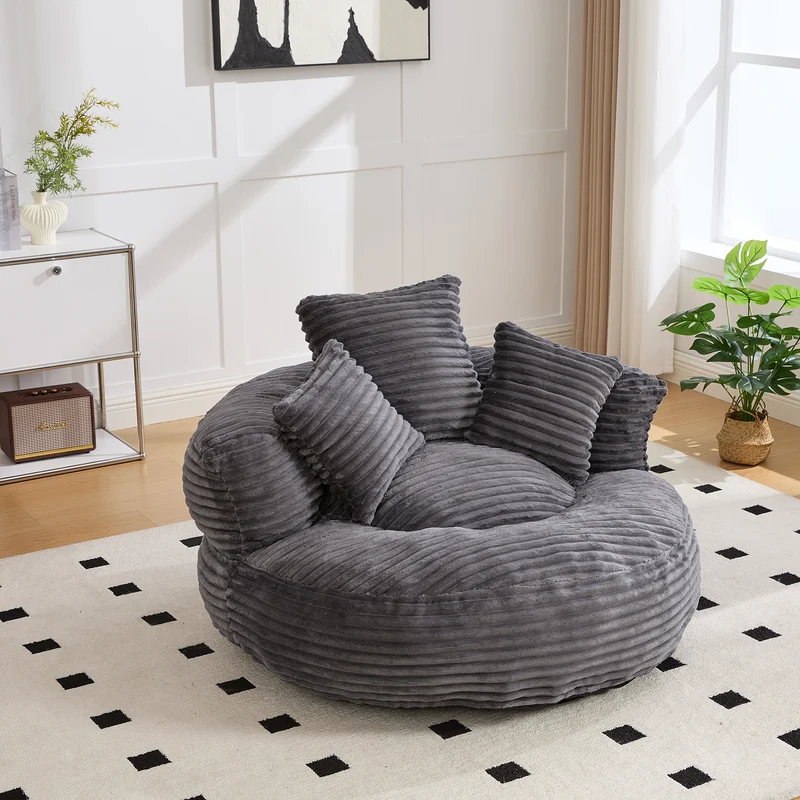 Grand fauteuil rond en velours côtelé gris chaise lounge avec trois coussins FLAREINFIN