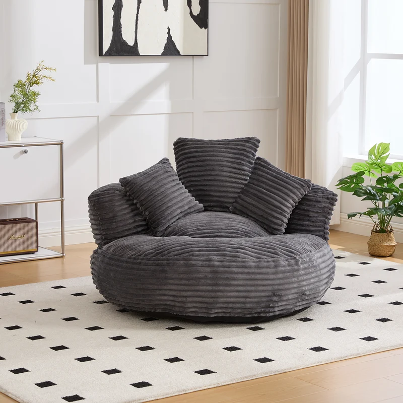 Grand fauteuil rond en velours côtelé gris chaise lounge avec trois coussins FLAREINFIN