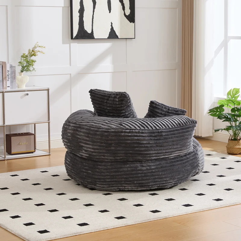 Grand fauteuil rond en velours côtelé gris chaise lounge avec trois coussins FLAREINFIN