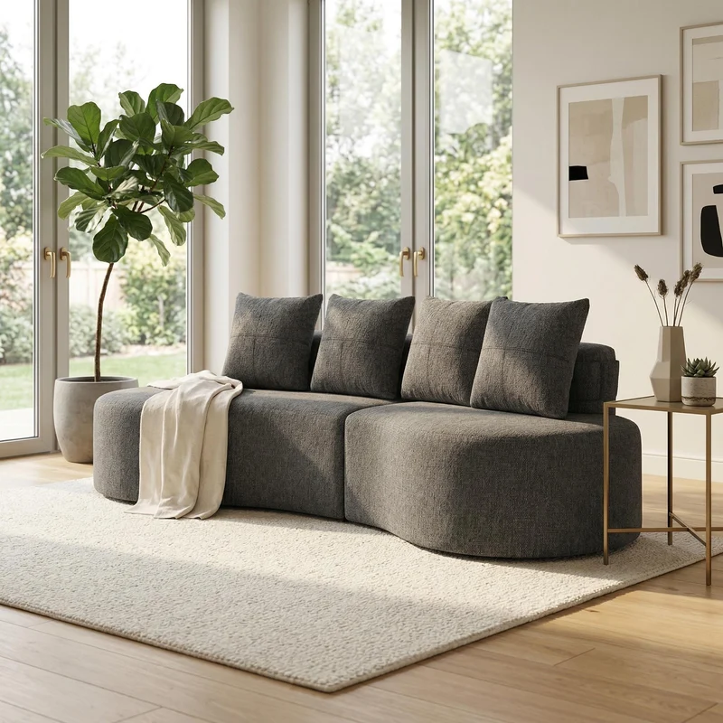 Canapé 3 places en lin gris avec 4 coussins, porte-gobelet, poches latérales sans montage 240x109cm FLAREINFI