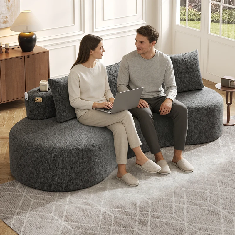 Canapé 3 places en lin gris avec 4 coussins, porte-gobelet, poches latérales sans montage 240x109cm FLAREINFI