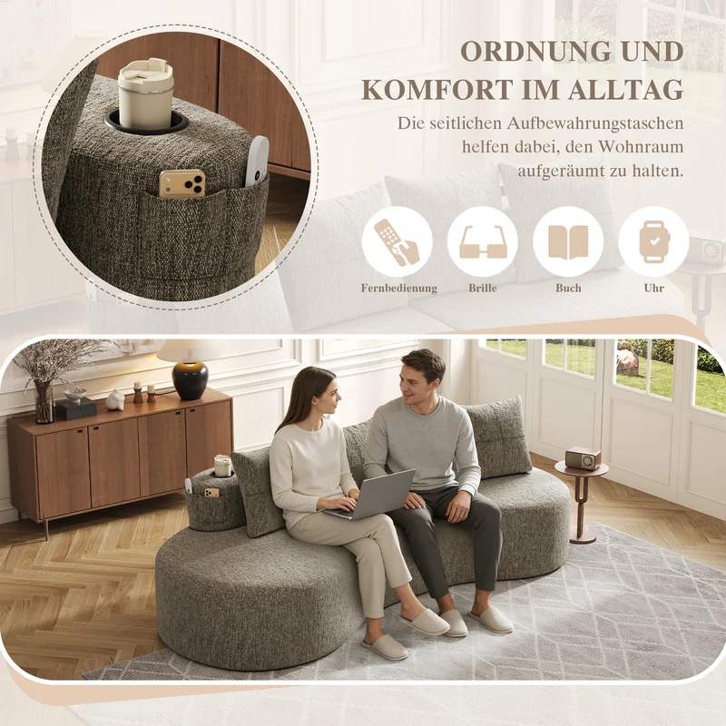 Canapé 3 places en lin khaki avec 4 coussins, porte-gobelet, poches latérales sans montage 240x109cm FLARERIFTA