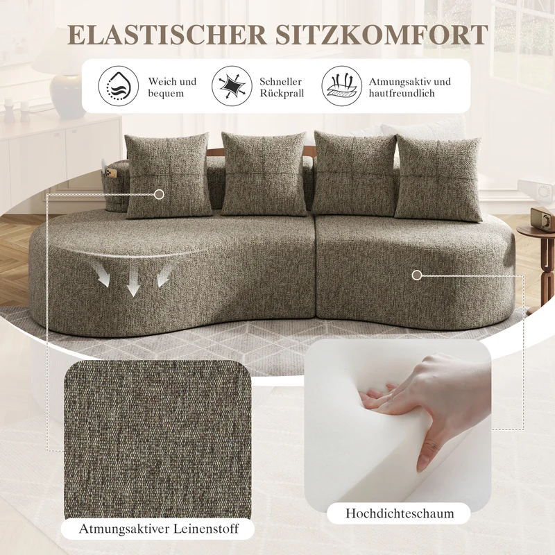 Canapé 3 places en lin khaki avec 4 coussins, porte-gobelet, poches latérales sans montage 240x109cm FLARERIFTA