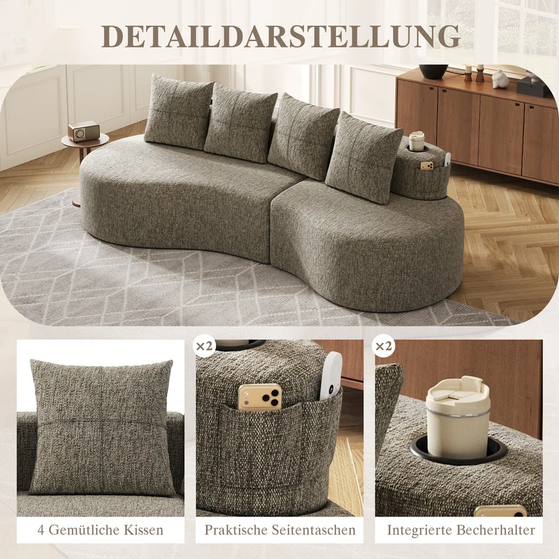 Canapé 3 places en lin khaki avec 4 coussins, porte-gobelet, poches latérales sans montage 240x109cm FLARERIFTA