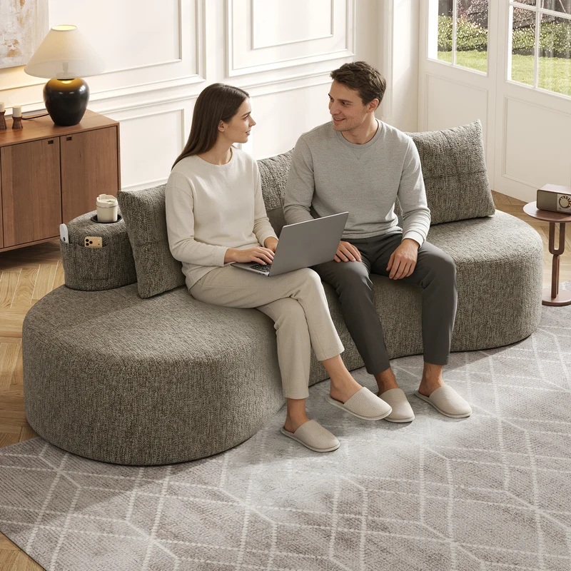 Canapé 3 places en lin khaki avec 4 coussins, porte-gobelet, poches latérales sans montage 240x109cm FLARERIFTA