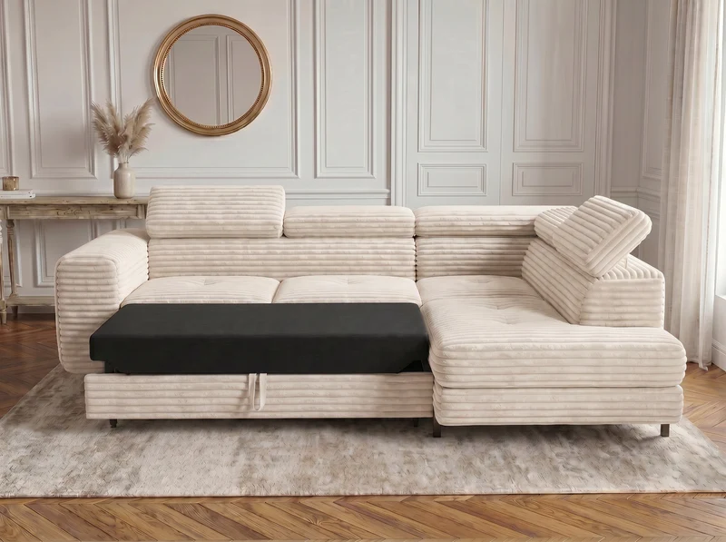 Canapé d’angle convertible Iéna – grande méridienne, coffre & têtières relevables