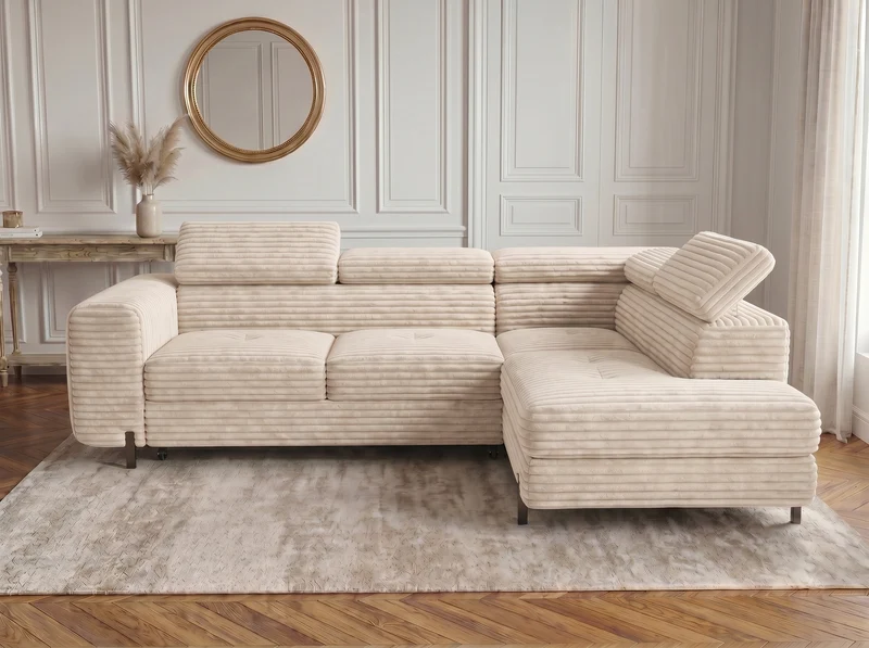 Canapé d’angle convertible Iéna – grande méridienne, coffre & têtières relevables