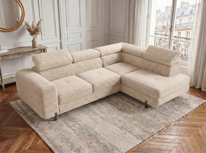 Canapé d’angle convertible Iéna – grande méridienne, coffre & têtières relevables