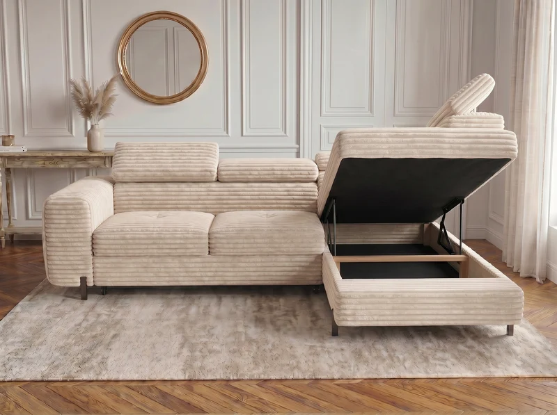 Canapé d’angle convertible Iéna – grande méridienne, coffre & têtières relevables